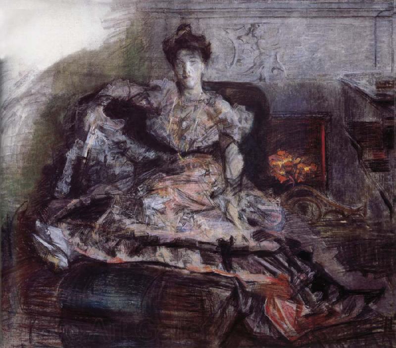 Mikhail Vrubel The Portrait of Isabella  near the fireplace Germany oil painting art